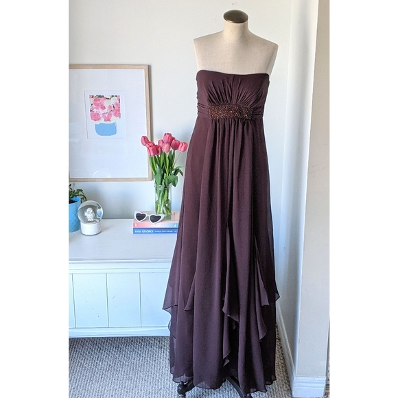 brown strapless crinkle chiffon floor length prom dress - Picture 11 of 11